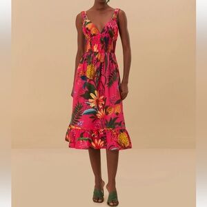 Floral V-Neck Midi Dress in Bright Pink